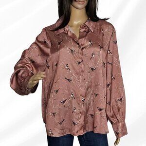 2/$30 Zara Bird Print Satin Button Front Blouse Long Sleeve Size XL